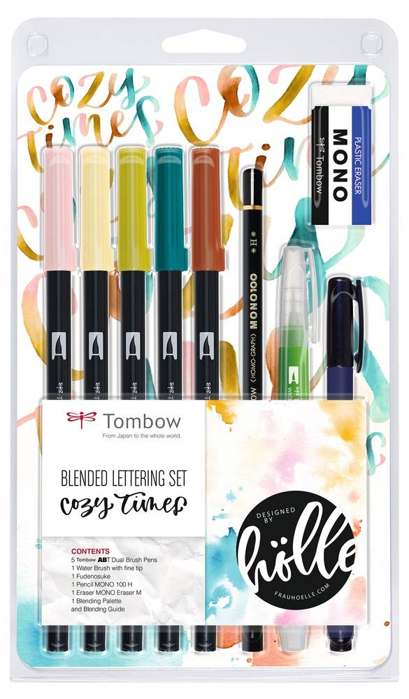 Tombow Blended Lettering Set includes 5 ABT Brush Pens, 1 Mono Pencil, 1 Mono Eraser, 1 Fudenosuke, 1 Water Brush, Blending Palette and Guide - Cosy Times, BS-FH1 - Image 1